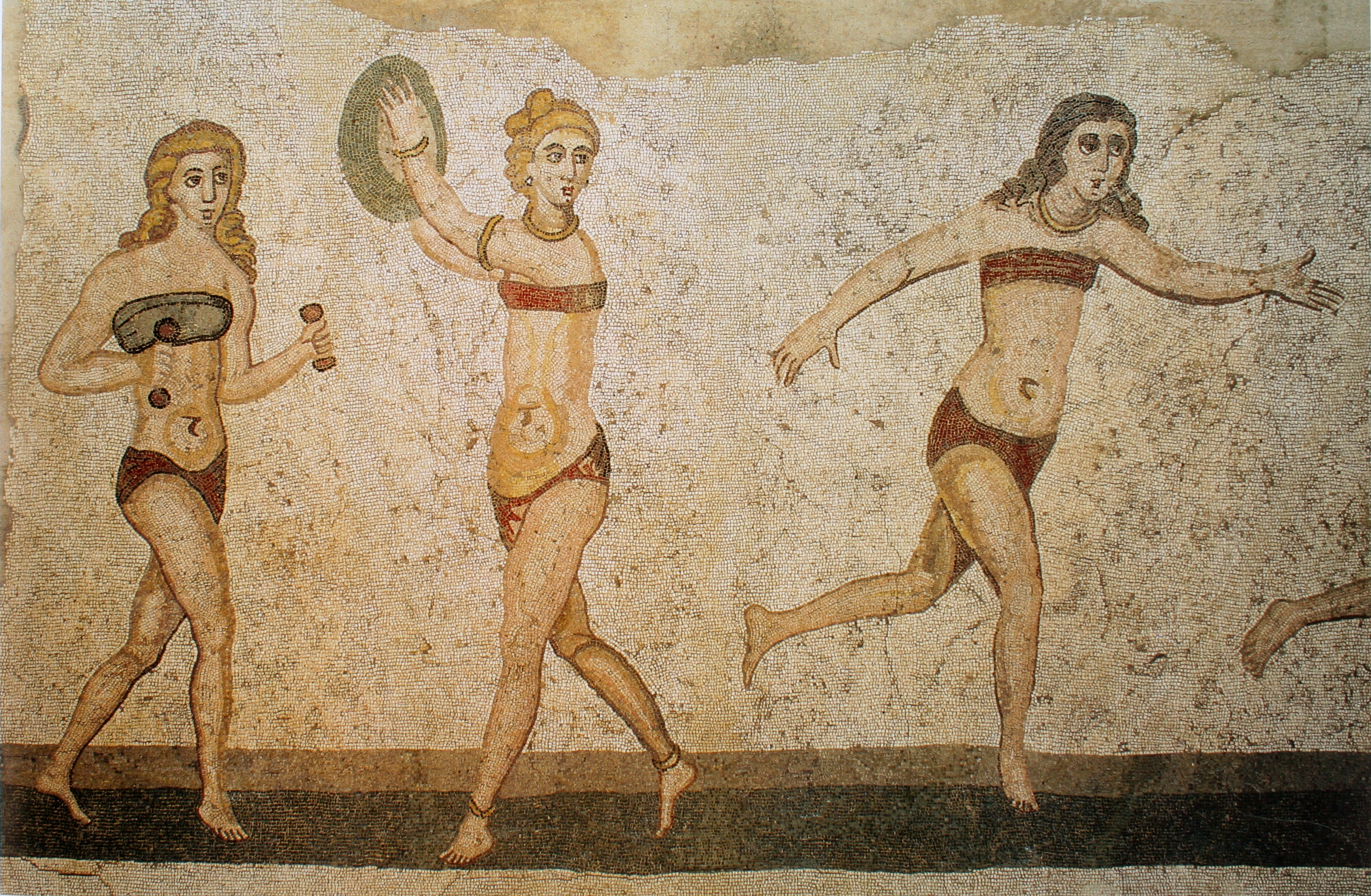 Mosaic of three women with bleached hair  in ancient Roman attire on a textured wall.